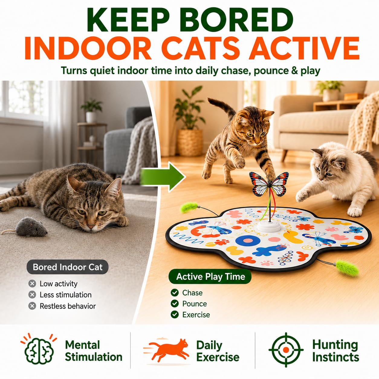 Pet's Var Jouets interactifs pour chats d'intérieur – Jouet pour chat à activation automatique du mouvement avec baguette mobile, son de papillon et de souris, jouet d'exercice rechargeable pour chats