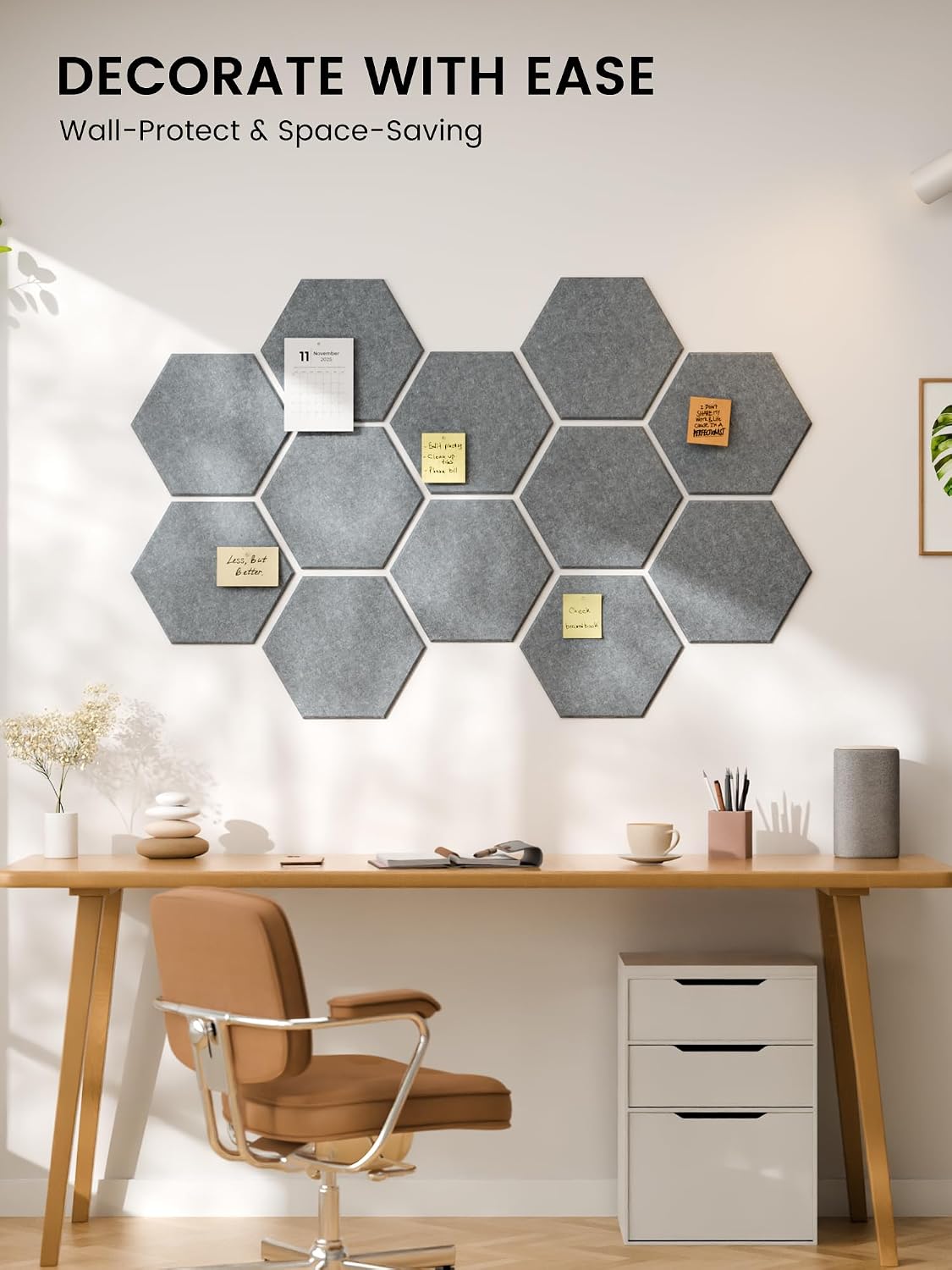 Fluxynara Hexagon Cork Board Alternative for Walls Decor-12-Pack Felt Bulletin Board Tiles,with 30 Pushpins,70 Adhesive Tabs for Office,Classrooms & Home Pin Board Felt Board-Blue Gray