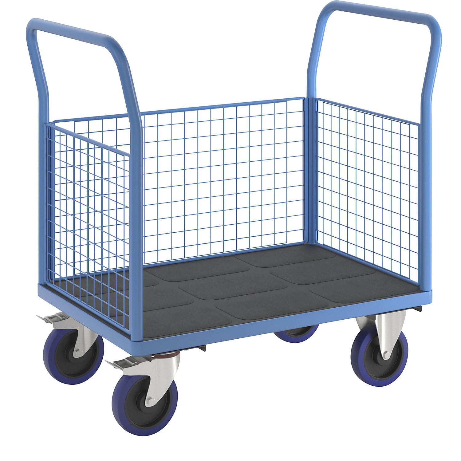 eurokraft pro | Plattformwagen mit Gitterwänden | Vollelastik-Rollen, 3 hohe Gitter, LxB 1000 x 675 mm