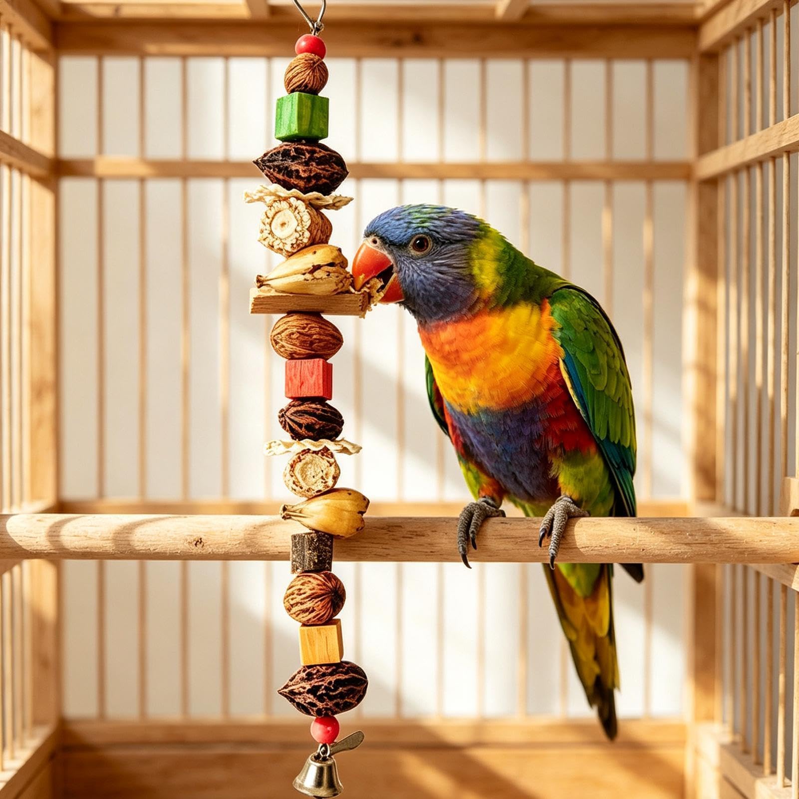 Perchoir à mâcher pour oiseaux 60 cm | Bois naturel, maïs, bloc de noix et corde pour perruches, perroquets – escalade, soulagement du stress, aire de jeux en cage