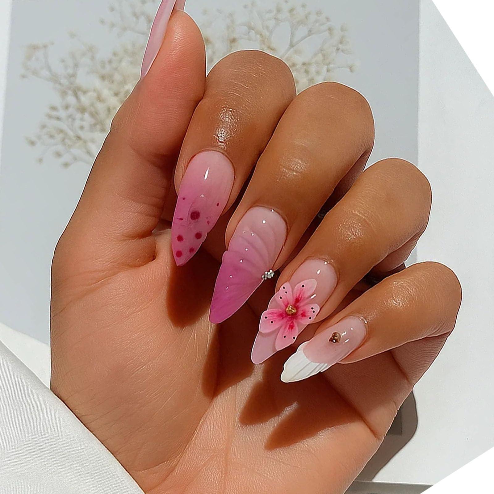 Soft Pink Gradient Stiletto Press-On Nails With Glossy Floral & Polka Dot Designs - Image 2