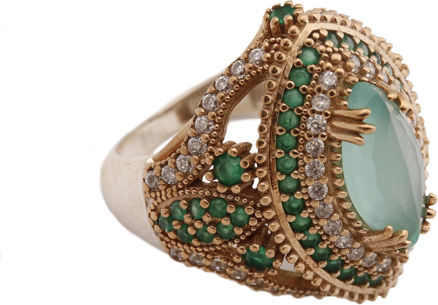 Turkish Handmade Jewelry Marquise Shape Aquamarine and Round Cut Emerald Topaz 925 Sterling Silver Ring Size All