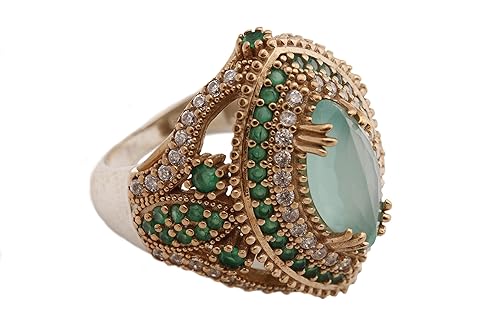 Turkish Handmade Jewelry Marquise Shape Aquamarine and Round Cut Emerald Topaz 925 Sterling Silver Ring Size All