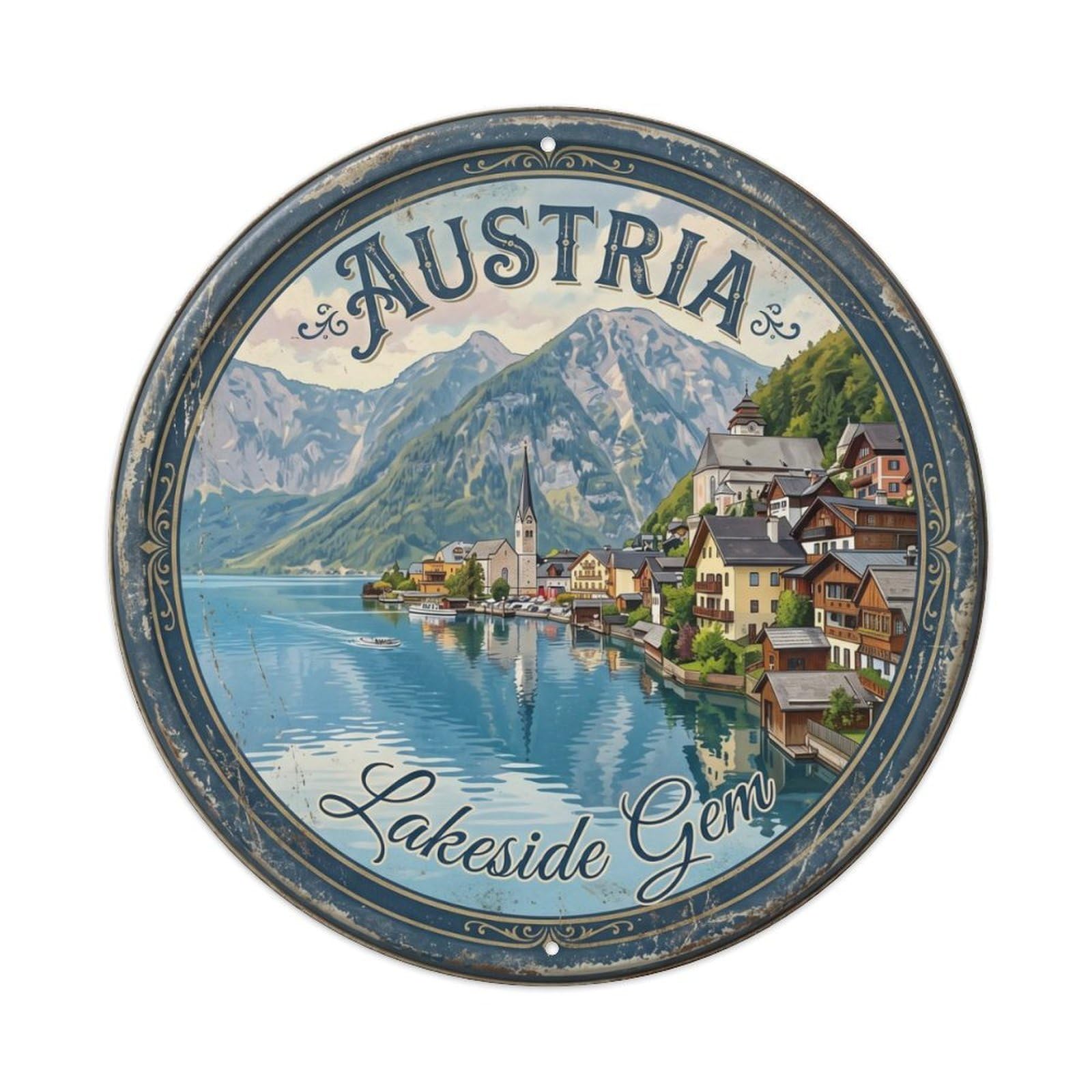 Vintage Travel Hallstatt Alpine Village Metal Tin Sign Plaque Wall Decor for Cafe, Club, Garden Round Metal Poster 8x8Inch