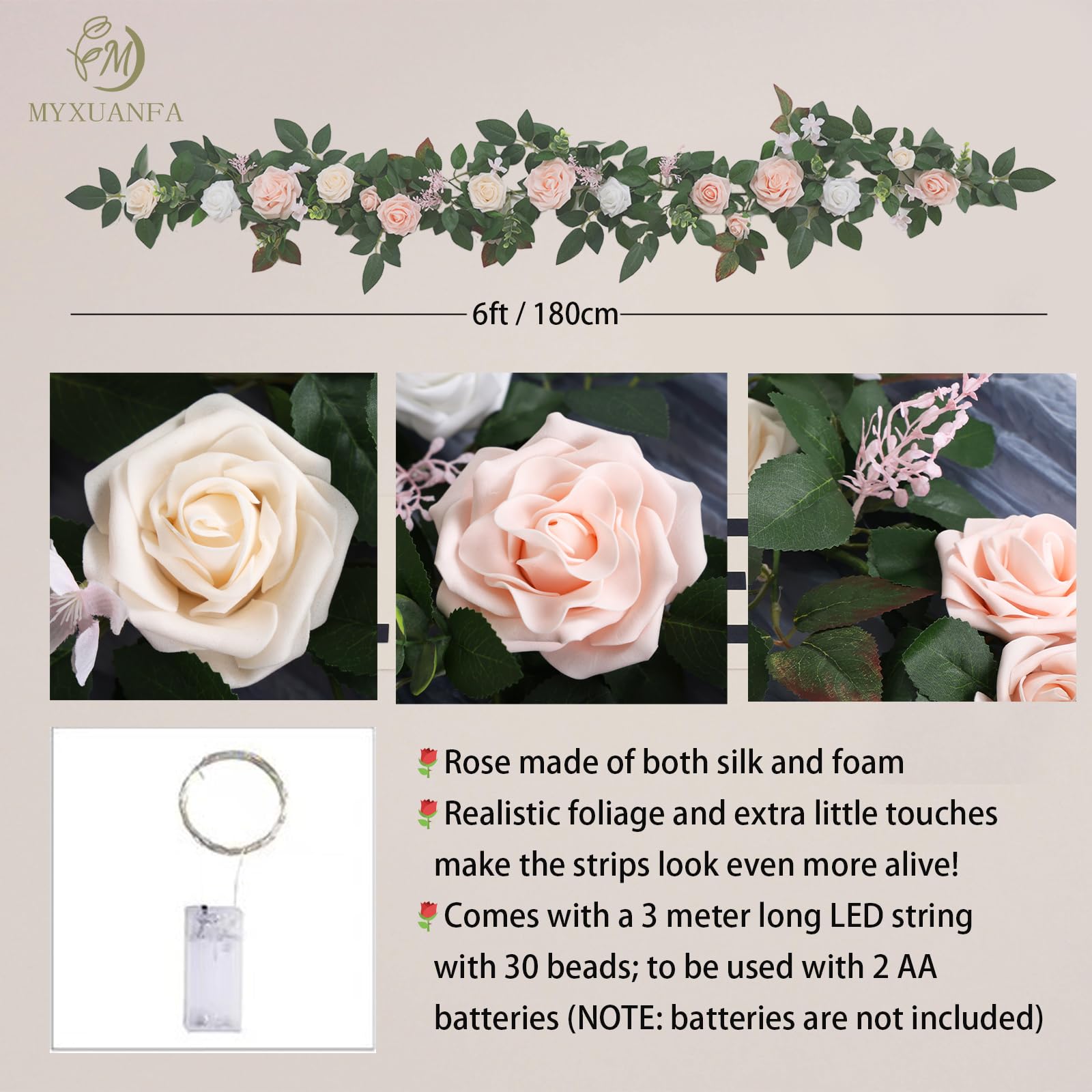 Guirnalda de flores de 6 pies con luces, guirnalda de eucalipto artificial con flores de rosa, guirnalda de MYXUANFA con luz para arco de boda, centro de mesa, decoración de habitación, funciona con