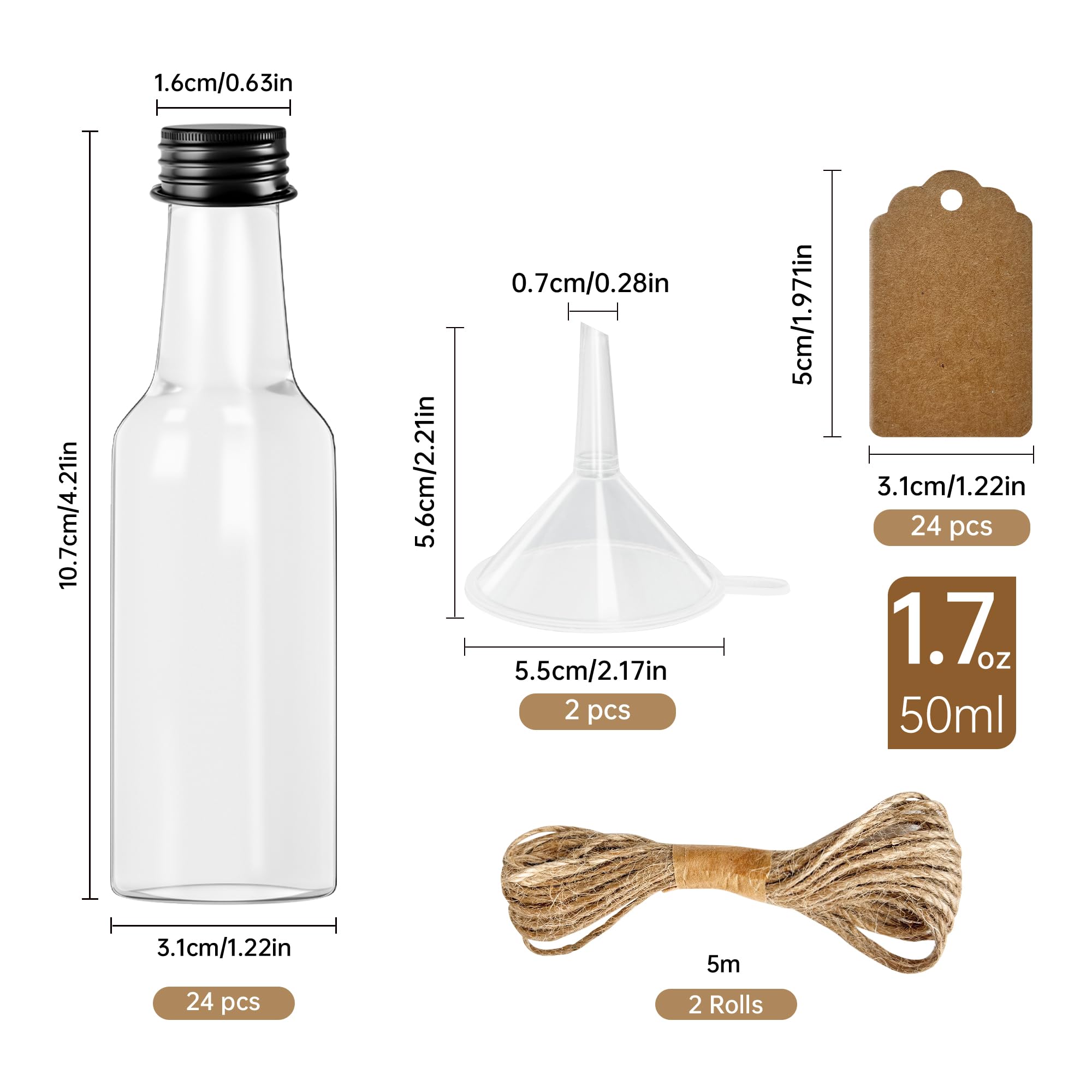 24 Pezzi Mini Bottiglie Plastica 50 ml, Trasparente Bottigliette Liquore Mignon con Imbuti, Piccole Bottiglia Riutilizzabili per Feste, Viaggi, Picnic