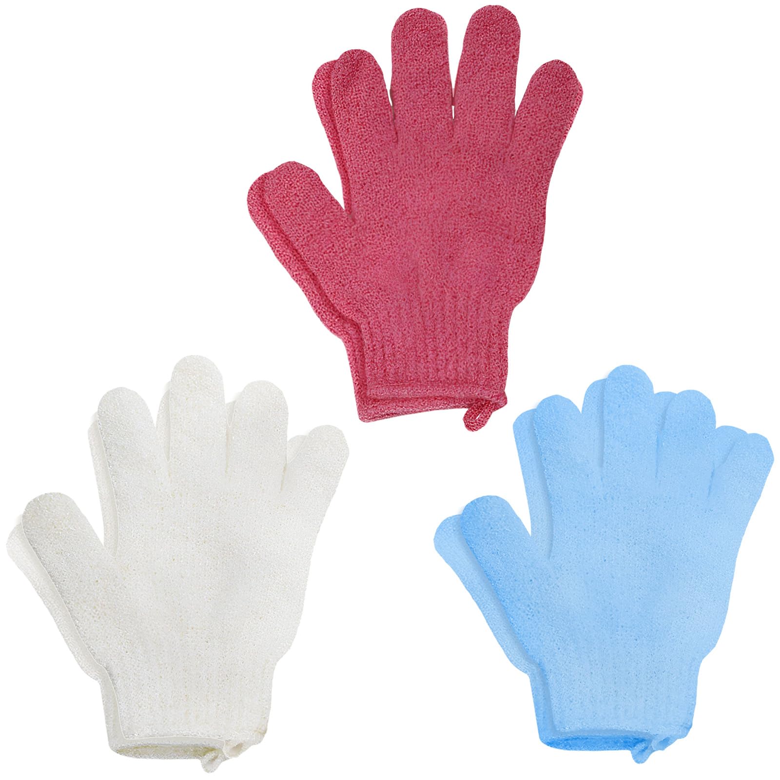 3 Pares Guante Manopla Exfoliante Corporal, Guantes Exfoliantes de Crin Ducha Corporals con cordón para colgar, Guantes de Baño de Cinco Dedos para Hombres, Mujeres, Niños (Blanco & Rojo & Azul)