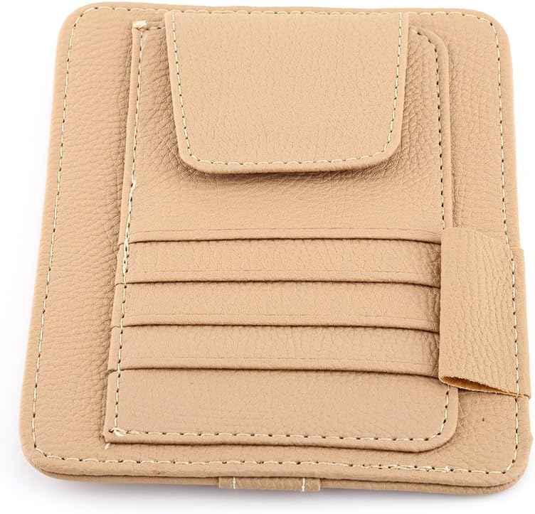 Multi-function Car Sun Visor Organizer Card Storage Glasses Holder Clip Pouch Bag Hanging Holder PU Leather(Beige)
