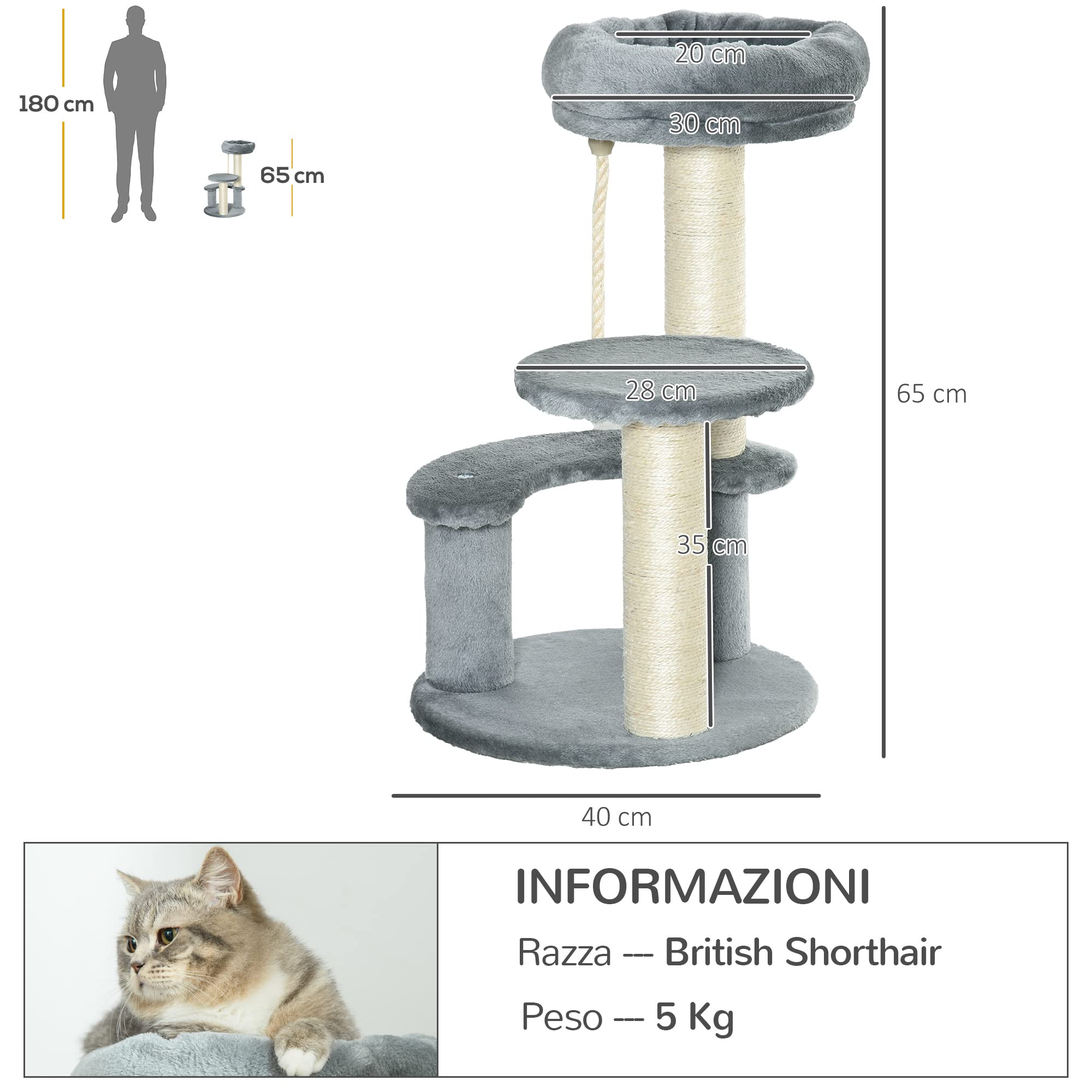 PawHut Albero Tiragraffi Gatti a 3 Livelli in Peluche Sisal Naturale Grigio Ф40x65cm | Piattaforme, Lettino, Pali in Sisal, Torre per Gatti, Rivestimento in Peluche