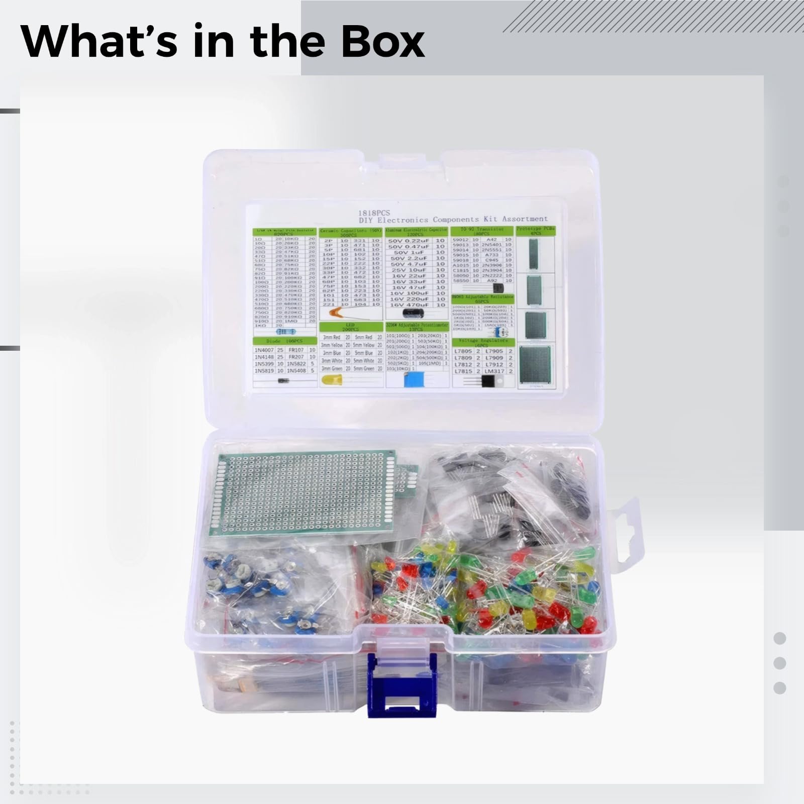 Kit de componentes electrónicos de 1818 piezas para y R3, incluye tablas de pan, resistencias, condensadores, cables y más, caja de plástico compacta para organización fácil
