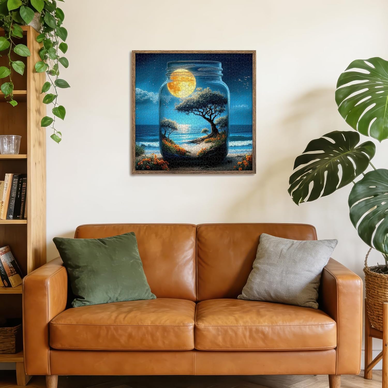 Puzzles for Adults 1000 Pieces with Letters on Back, World in a Bottle Moon Beach Nature Scene, Hard Challenging Jigsaw, 22.8x22.8 Inch Wall Decor, Game Night & Easter