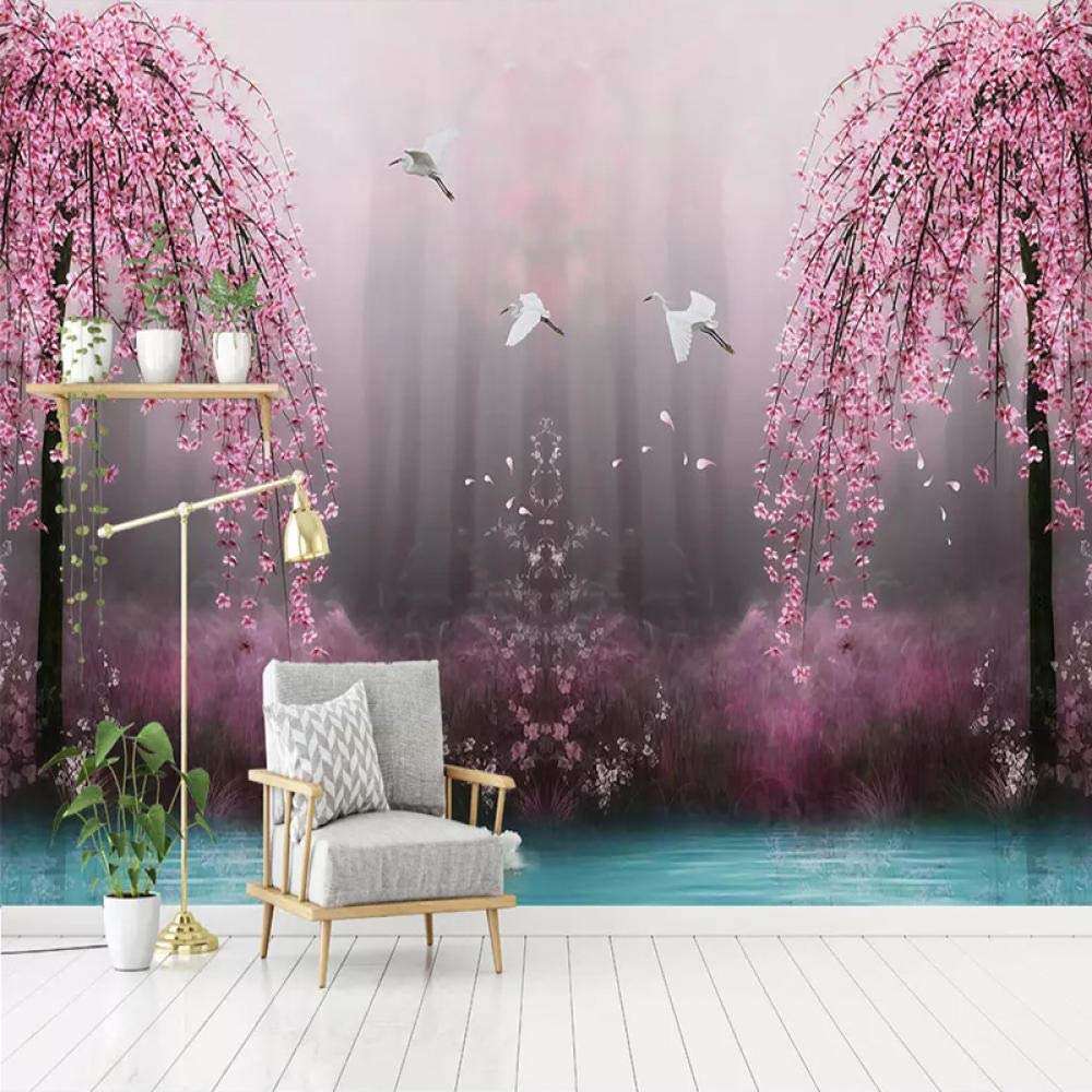 Papier peint 3D haut de gamme paysage lac des cygnes et fleurs roses