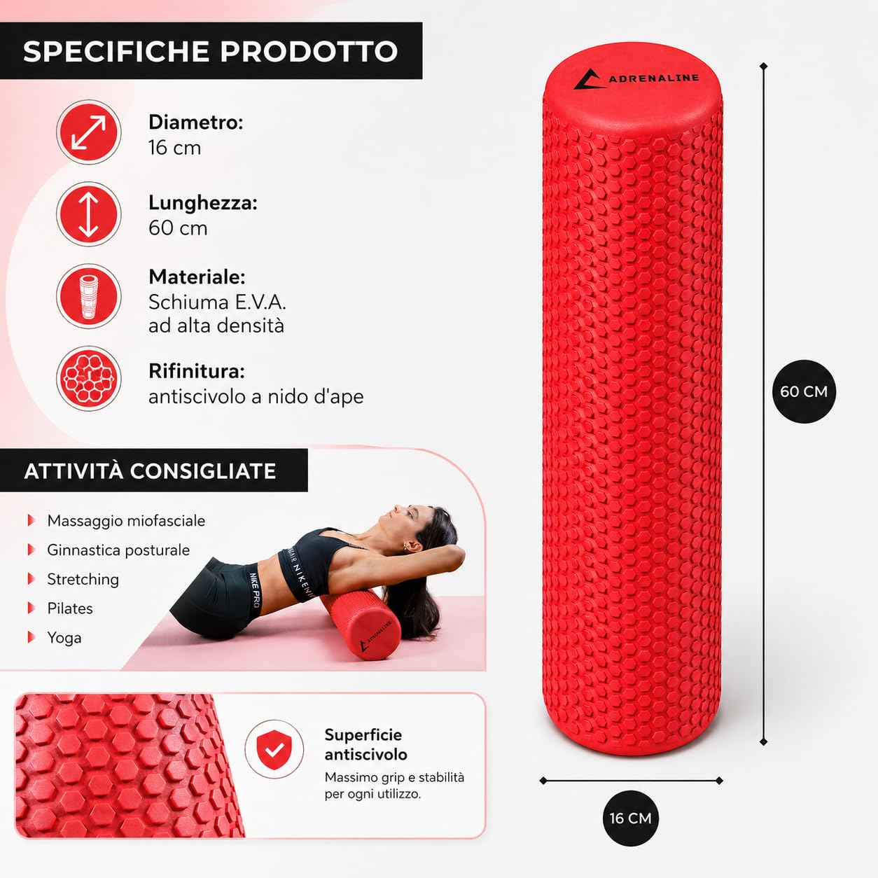 Pilates Roller Professionale Adrenaline 60×16 cm – Foam Roller in EVA ad Alta Densità con Superficie Antiscivolo a Nido d’Ape per Pilates, Stretching, Postura e Massaggio Miofasciale