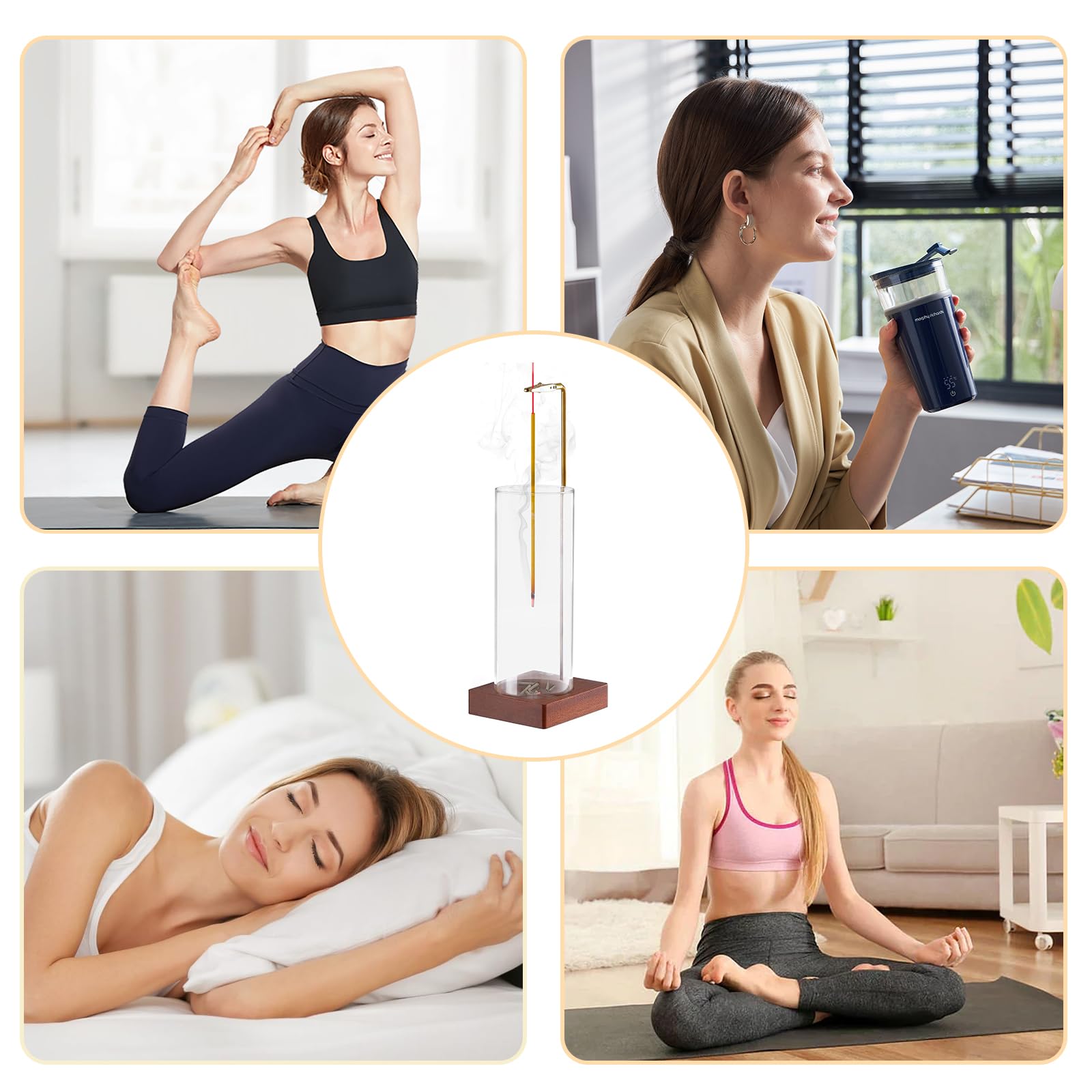 COIWAI Hängender Räucherstäbchenhalter Mit Glasaschenbecher – Bambusbasis, 20 Cm Tief, Gold-Clip, Für Yoga, Meditation & Entspannung