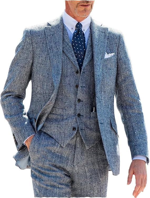 Men's Suits Slim Fit 3 Pieces Prom Tuxedos Tweed Herringbone Jacket+Waistcoat+Trousers Wedding2