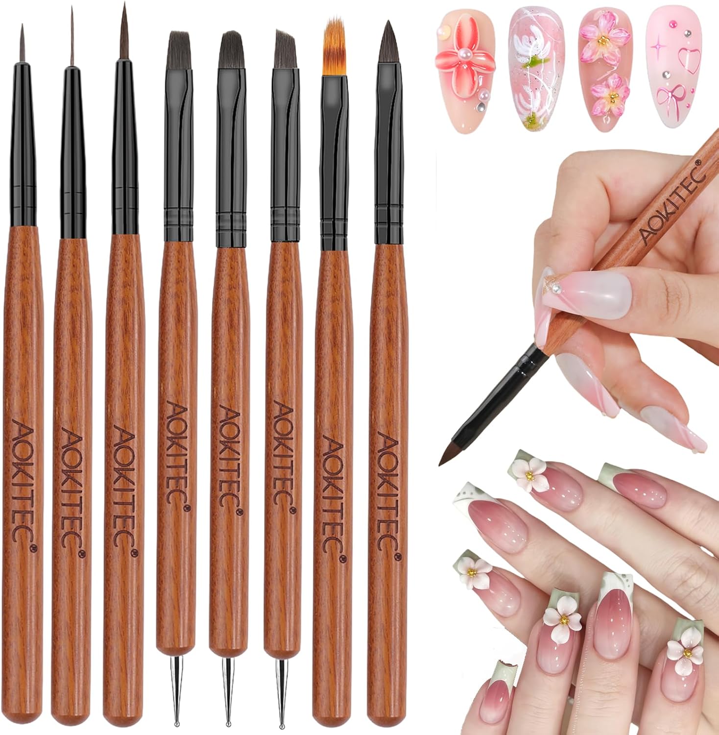 Aokitec Nail Art Brushes Set: 8 Pieces Nail Art Painting Tools with Nail Art Fine Liner Brush, Nail Design Painting Brushes, Builder Gel Brush, Nail Dotting Pen for Gel Polish Manicure