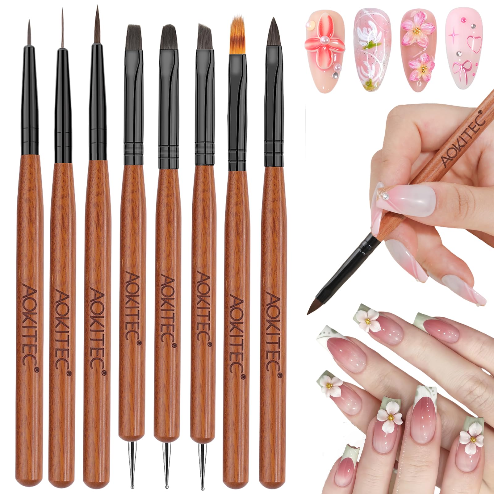 Aokitec Pinsel für Gelnägel: 8 Gel-Nagelpinsel zum Punktieren und Malen, Linienstift für UV-Lack, Gel, Acryl-Nagelpinsel, Nageldesign-Pinselset, Acrylpinsel, Fineliner, Nägel gestalten, Holz
