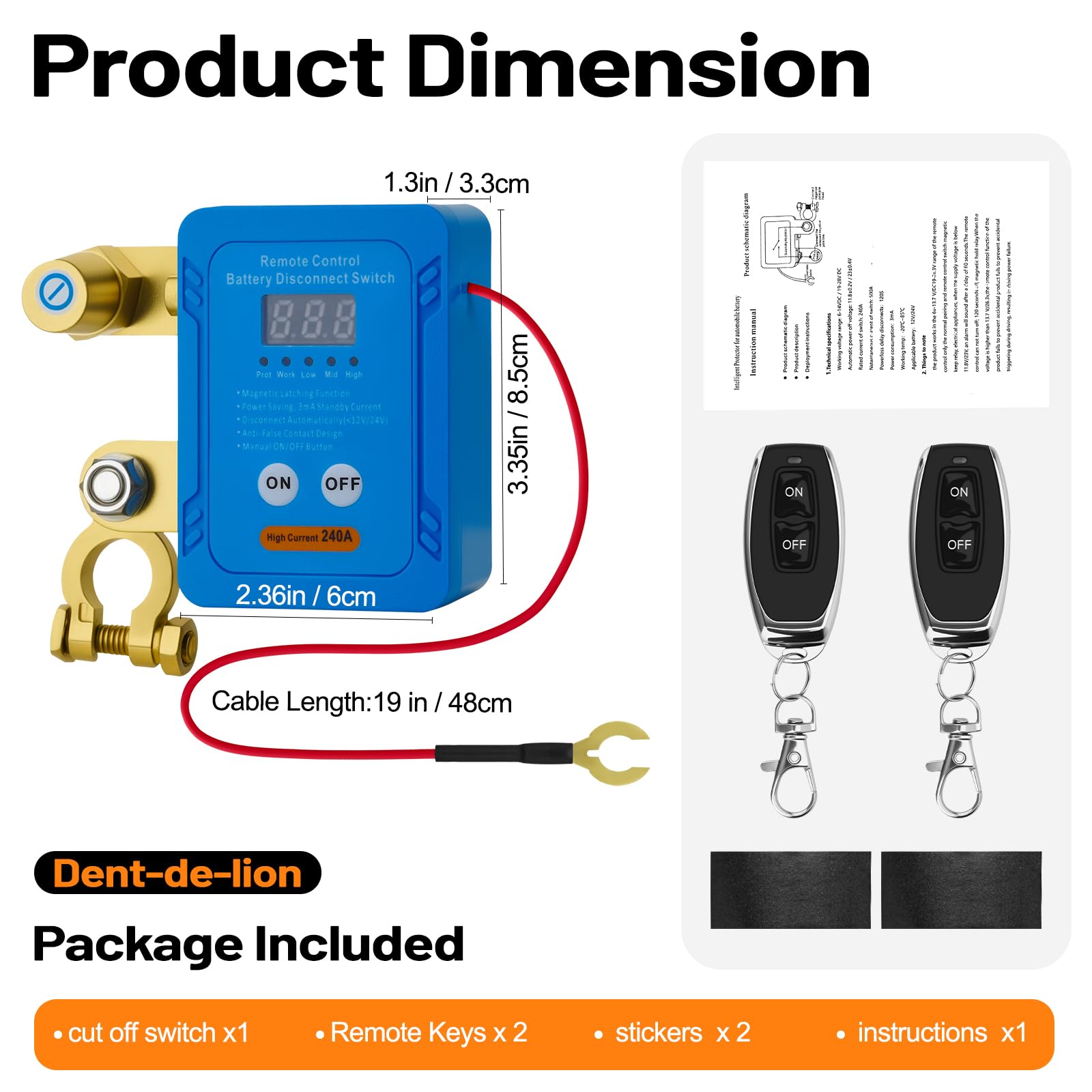 Disjoncteur de Batterie Télécommandé Sans Fil 12V/24V, 240A, Interrupteur de Coupure Antivol Anti - Fuite Voiture Camion Batterie, Interrupteur D'arrêt Automatique pour Voiture, RV, ATV, Bateau.