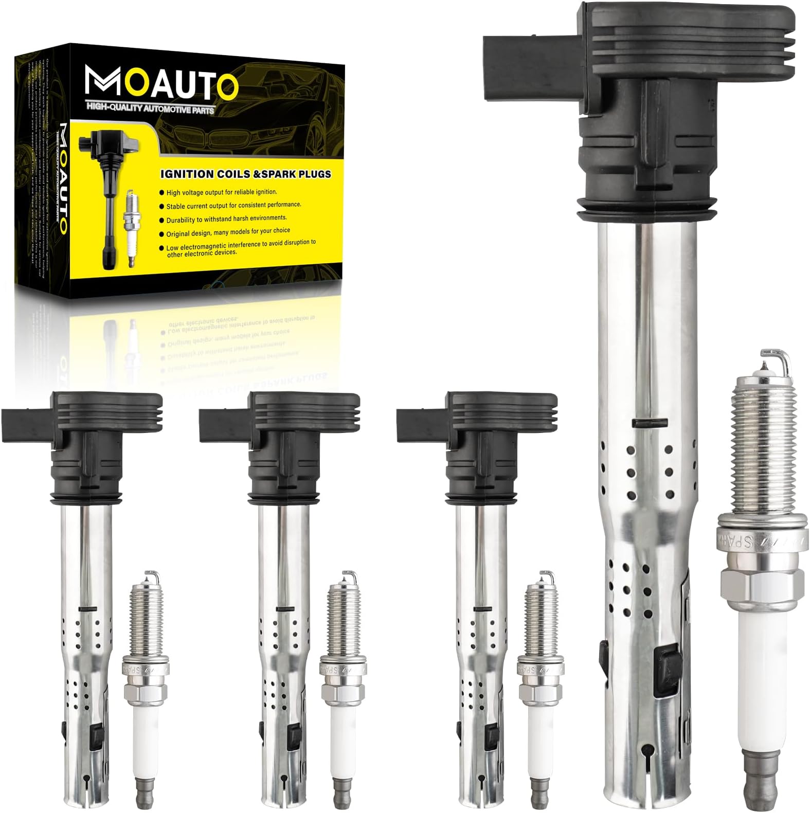 Set of 4 Ignition Coils Pack UF575 & 4 PCS Iridium Spark Plugs Compatible with Audi A3 A4 ALLROAD A5 A6 Q3 Q5 TT TTS Quattro Volkswagen Jetta Tiguan Eos Golf GTI Passat CC 2.0L 4.2L