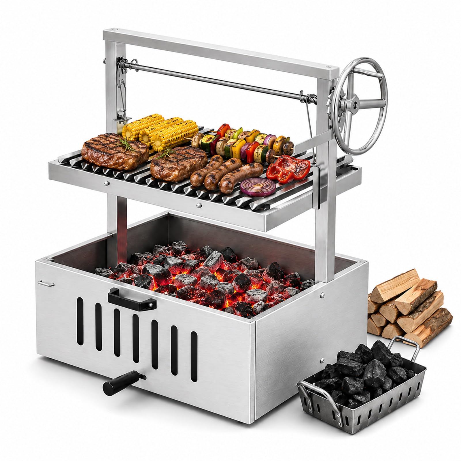 Barbecue Stile Argentino - Griglia a V Regolabile - Acciaio Inox | Sollevamento meccanico, alza o abbassa la griglia se rosola troppo, adatto a bistecche e grigliate a carbonella all'aperto
