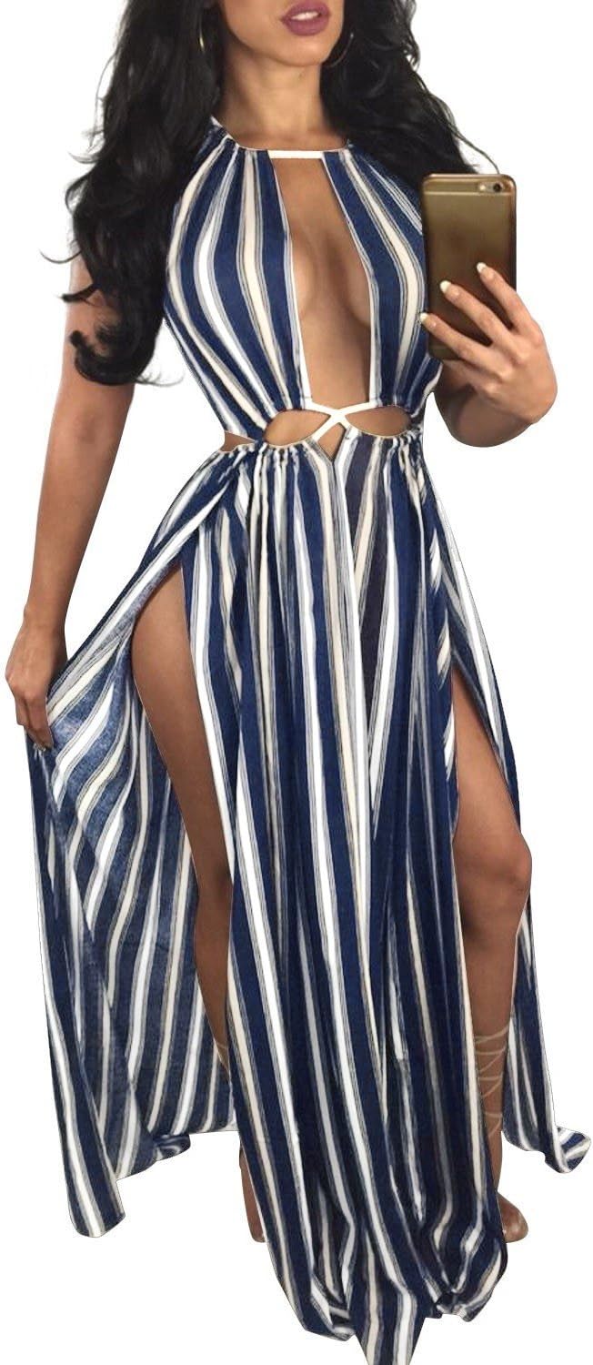 BIUBIU Women's Sexy Boho Floral Halter Summer Maxi Dress Beach Party Split Cover Up Swimsuit Outfit 2024 (Stripe,S)