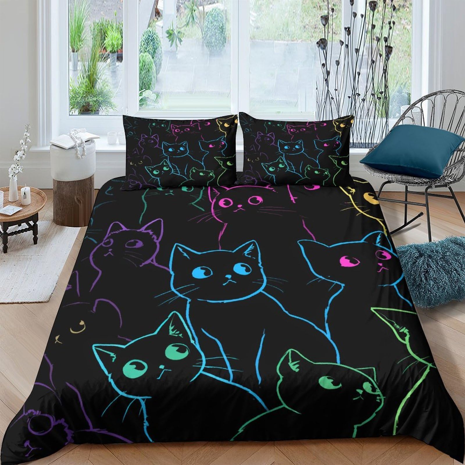 Ctjqhvkz Style-5 3D Printed Neon Cat Night Fitted Sheet Microfiber Soft Breathable Outline Cat Bed Sheet For Bedroom Guest Room Decor Single（135X200cm）