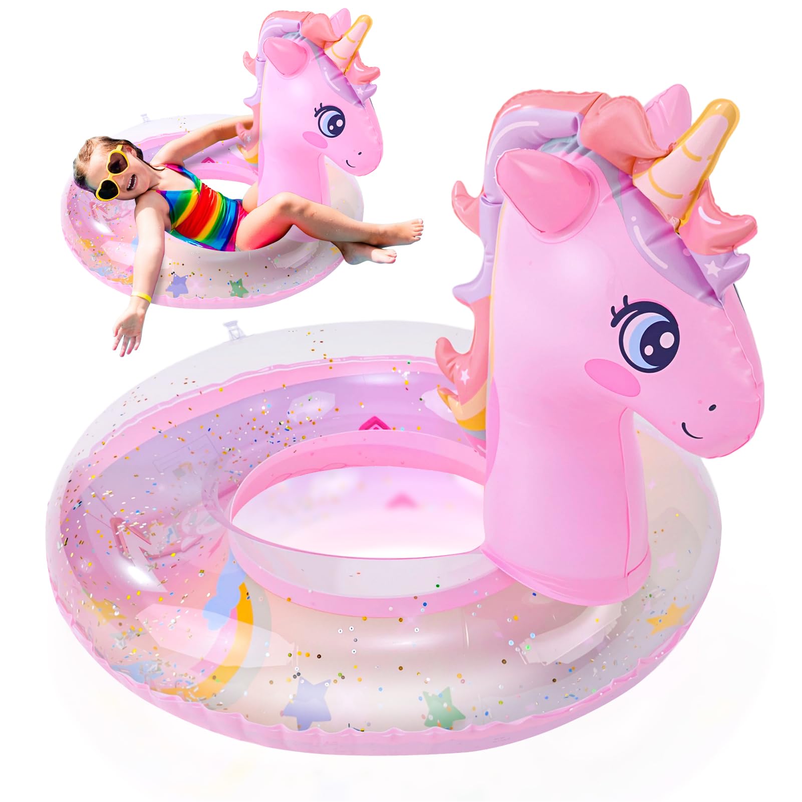 Zuimei Rainbow Horse Inflatable Pool Floats for Kids, PVC Float Inflatable Swimming Rings with Glitter Swimming Pool Toy Rubber Ring for Summer Pools Water Party, Pink (5-9 Years Old) — image 1