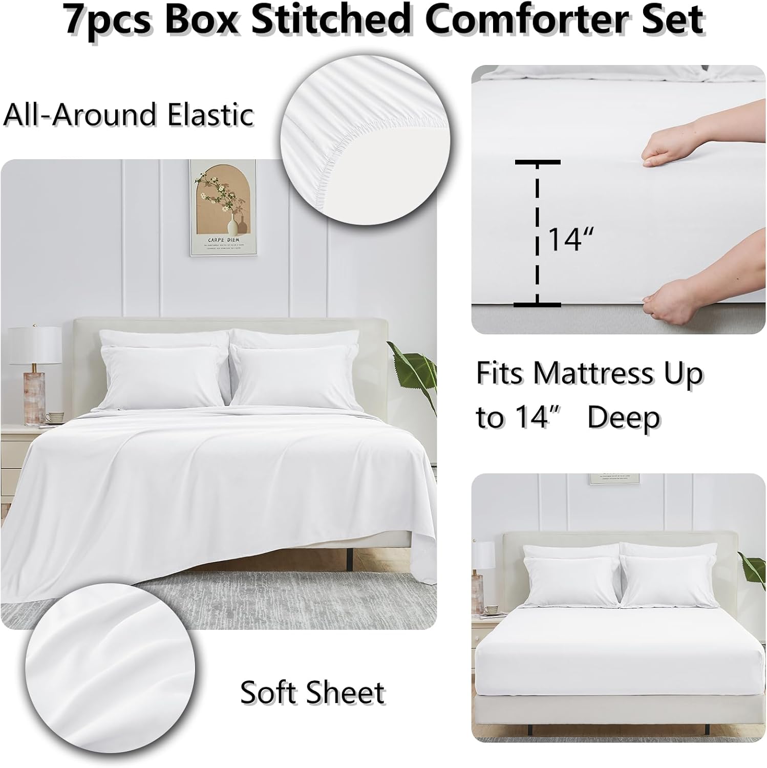 CozyLux Queen Comforter Set White - 7 Pieces Bed in a Bag Queen, All Season Breathable Bedding Sets, Oeko-Tex Certified Bed Set with Down Alternative Comforter, Sheets, Pillowcases & Pillow Shams