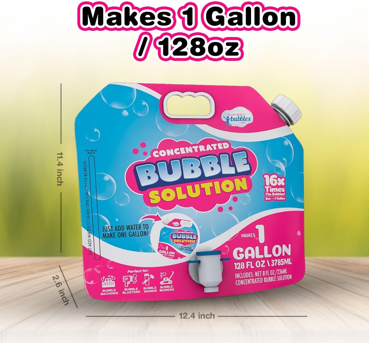 Bubble Solution Refill with Dispenser, Concentrated Bubble Liquid Makes 1 Gallon (128oz), Safe and No-Stain Formula for Kids, Easy-Pour Bubbles Refill for Machines, Blasters, and Guns