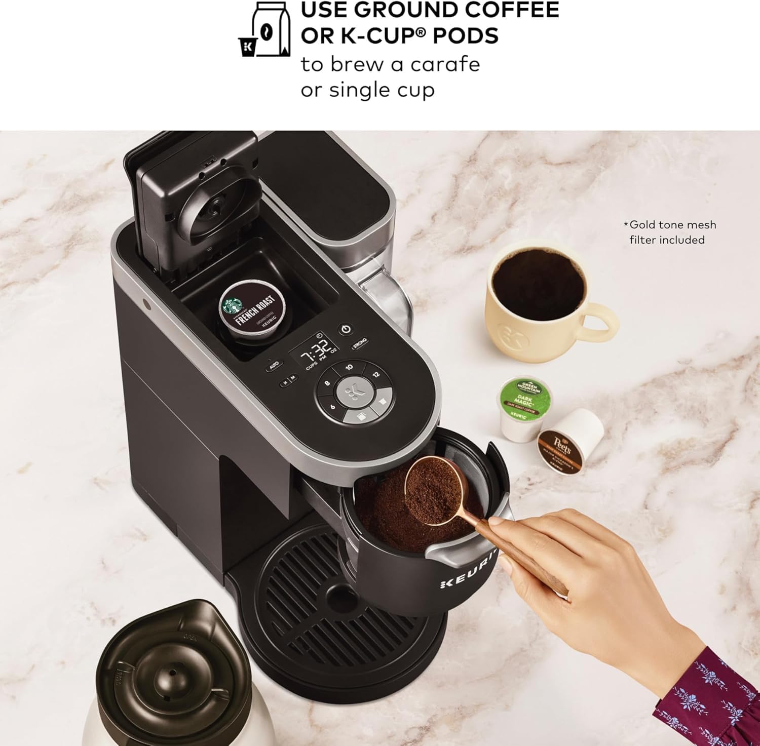 Keurig K-Duo Plus Essentials Coffee Maker showing K-Cup pod and ground coffee brewing options
