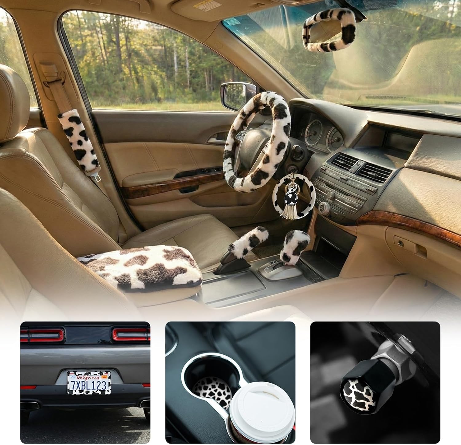 18 Pcs Cow Print Car Accessories Set Interior - Fluffy Steering Wheel Cover, Seat Belt & Rearview Mirror, Armrest Cover, Coasters, License Plate Frame & Stickers - Cute Car Decor for Women (Black)