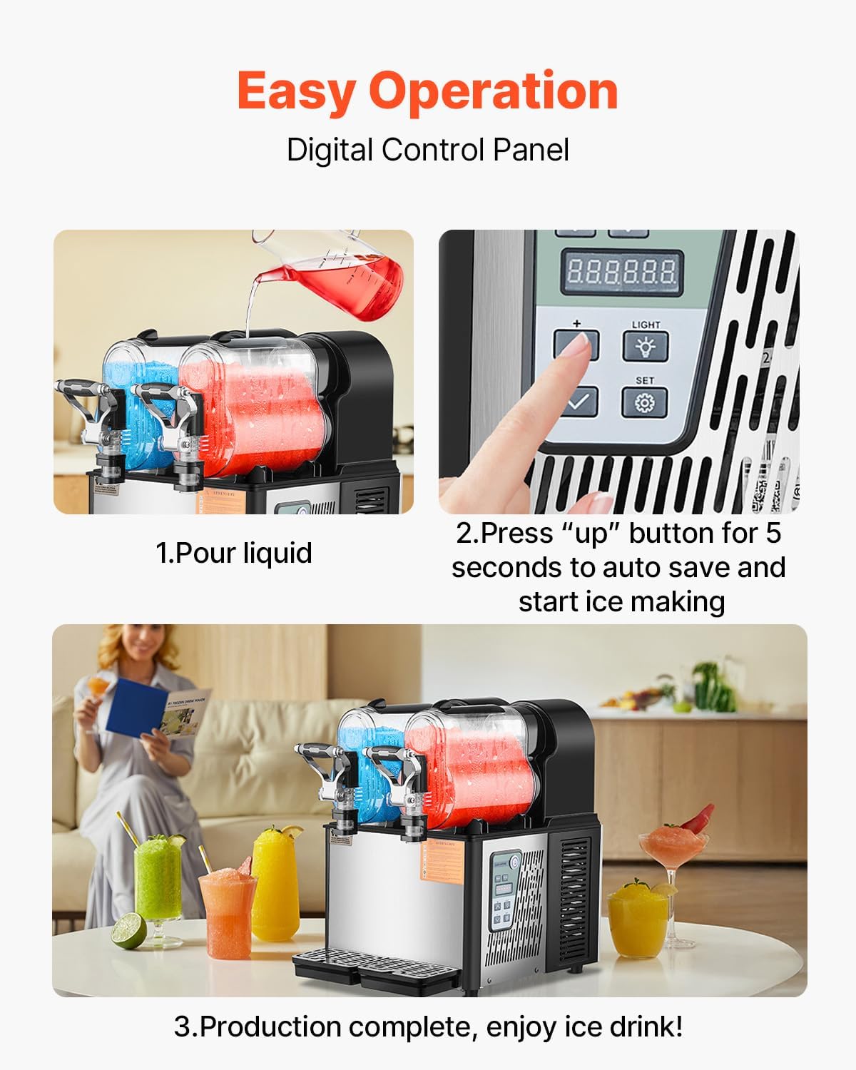 A person dispensing a red slushy drink from the machine into a glass