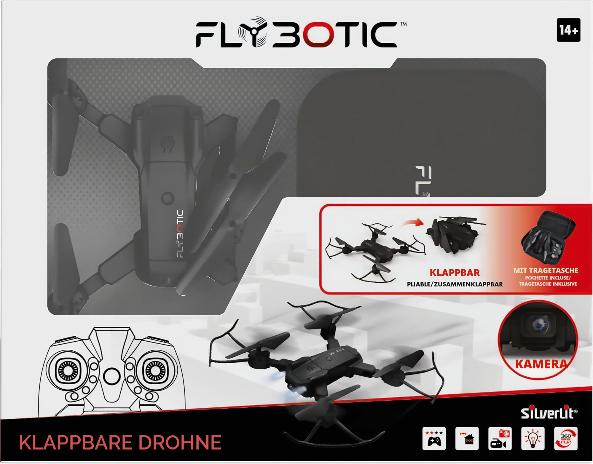 FLYBOTIC Foldable Drone Ferngesteuerte Klappdrohne 33 cm, Zusammenklappbar mit eingebauter Kamera, Flugspielzeug für Kinder und Erwachsene, Innen- und Außeneinsatz, Ab 14 Jahren