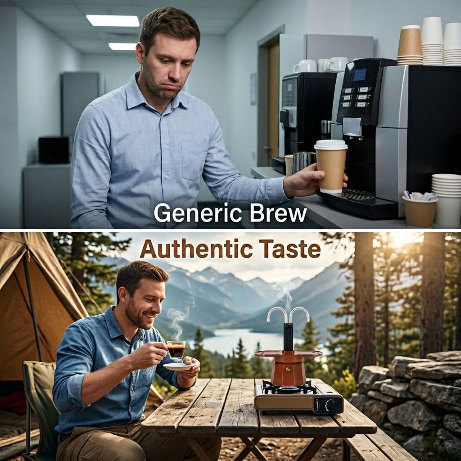 Mini-Express-Mokakanne, 2-Tassen-Doppelrohr-Espressokocher, Aluminium-Mokkakanne mit wärmeisolierendem Griff, 5-Minuten-Extraktion für kräftigen Kaffee, Warmhalteplatte für Zuhause/Camping, braun