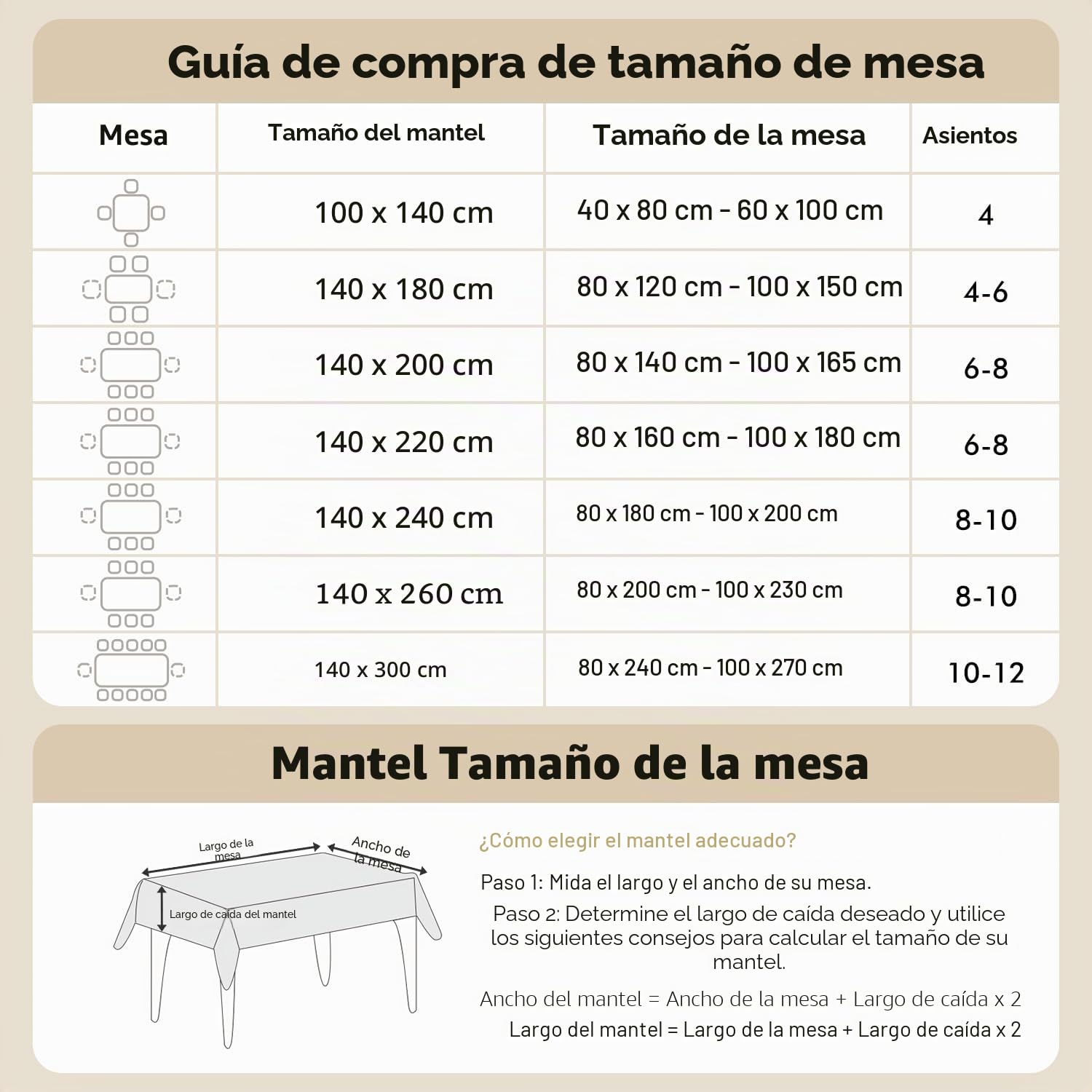 MIULEE Mantel Lino Beige Hojas Mesa Comedor 140x240cm 1Pz