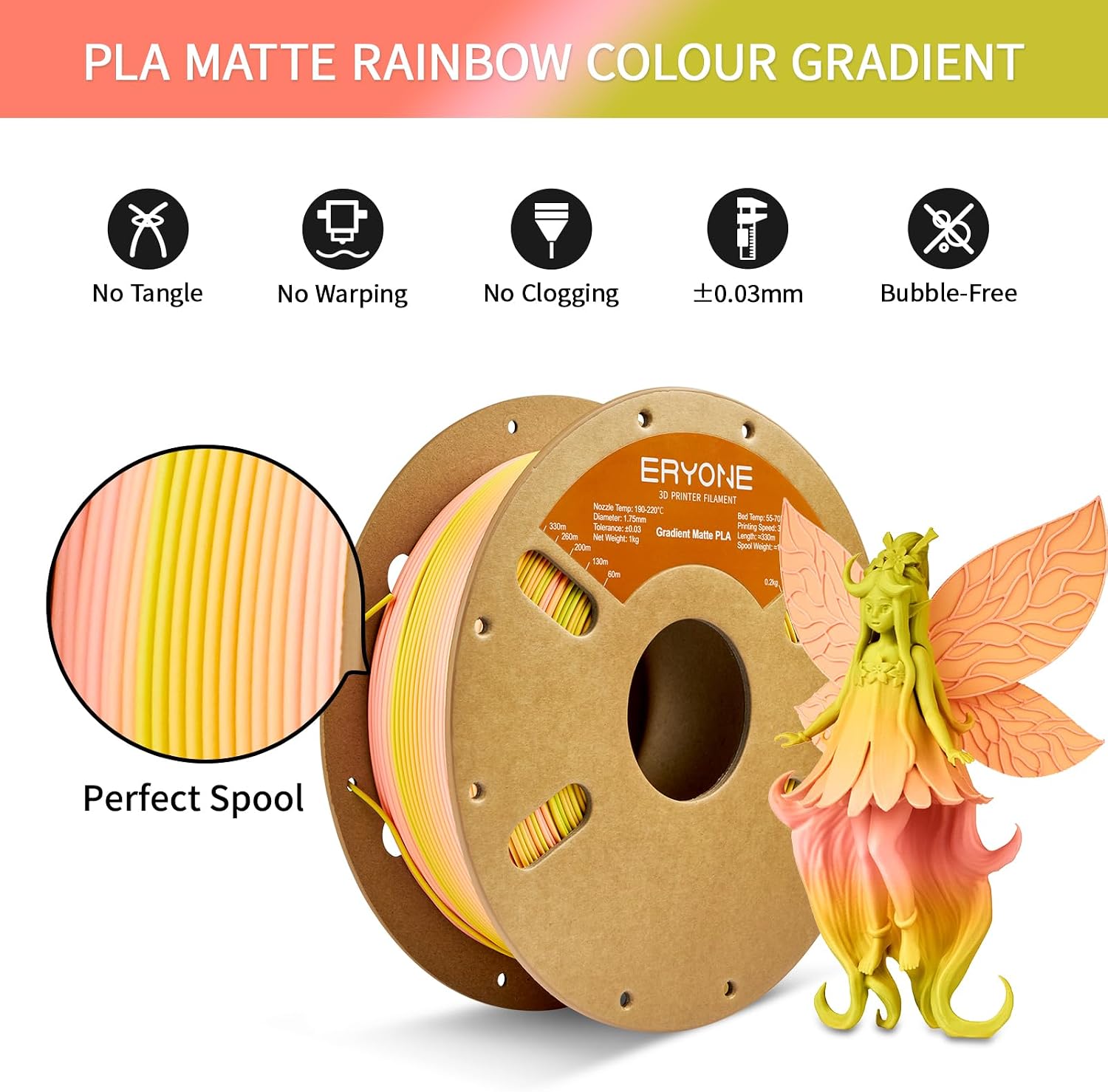 ERYONE Matte Gradient Rainbow 3D Printer PLA Filament 1.75 +/- 0.03mm, Matte Multicolor Filament PLA 1KG(2.2LBS) Spool, Financier (Pink Yellow Green)