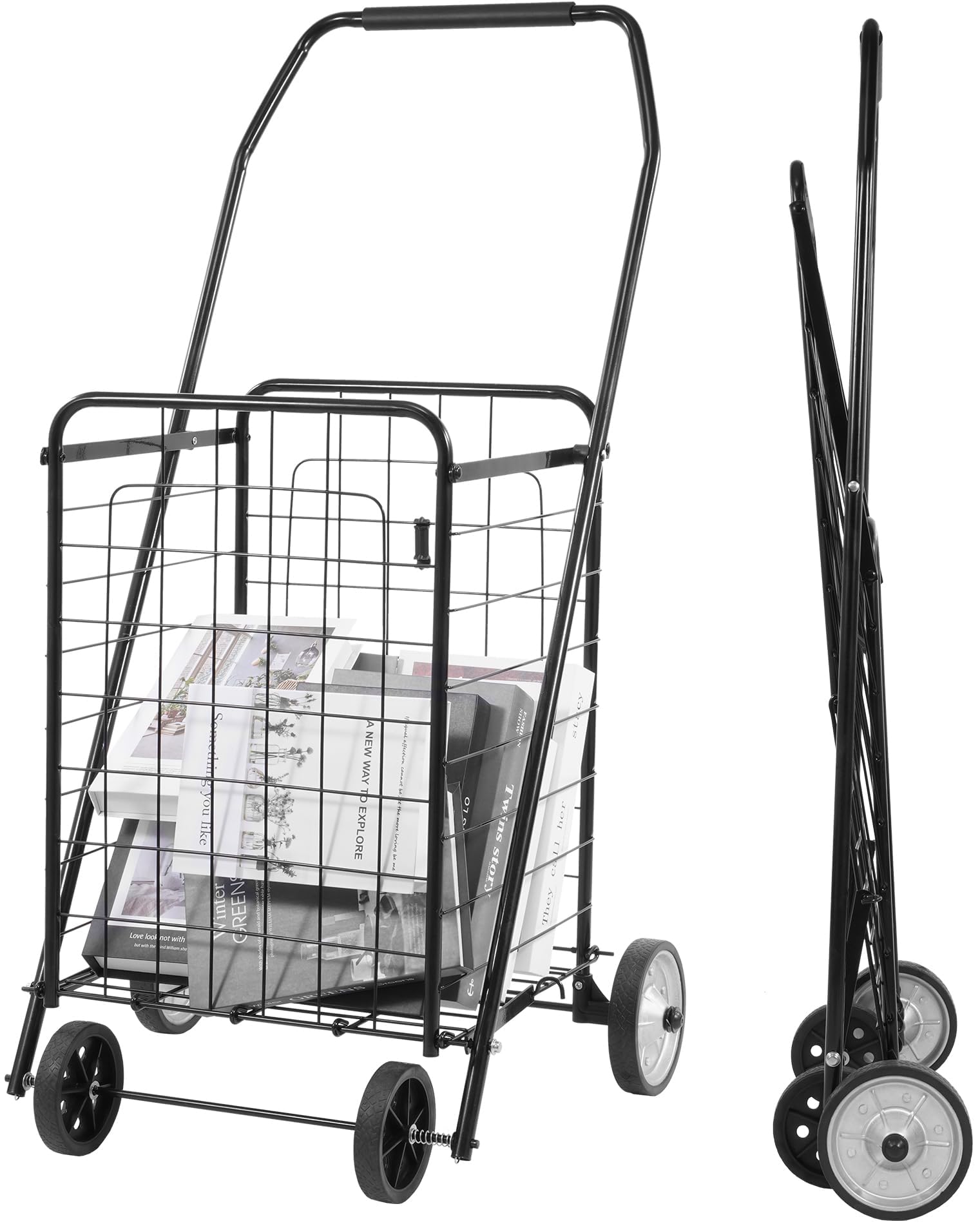 Elevon Foldable Shopping Utility Cart, Collapsible Durable Grocery Utility Cart with Rolling Wheels for Easy Storage, Laundry, Book, Luggage Travel, Compact Portable, Black