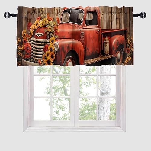 Cortinas rústicas de granja, cenefas retro de camión rojo vintage, girasoles de madera, granja occidental, bolsillo para barra, cenefas de cortina
