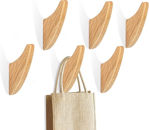 Ganchos de pared de madera, paquete de 6 ganchos de madera natural maciza de nogal negro y madera de caucho, ganchos de pared decorativos para