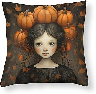 Autumn Pumpkins and Girl Satin Throw Pillow Covers Fall Autumn Halloween Decorative Throw Pillow Covers Zippered 18