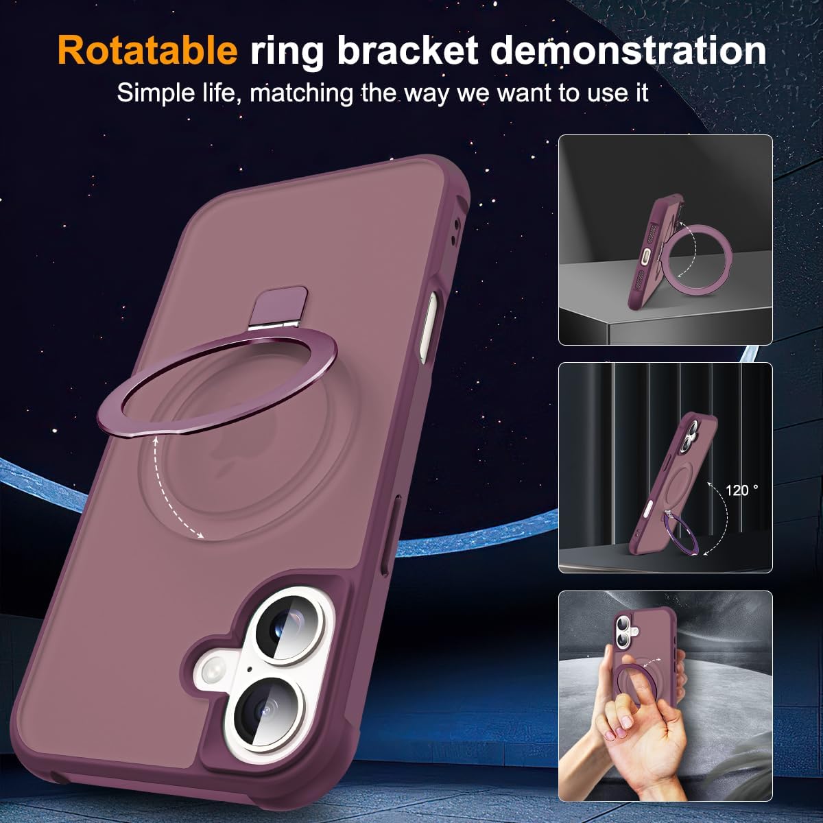 Compatible with iPhone 16 Plus Case with Invisible Magnetic O-Ring Stand Military-Grade Translucent Case for iPhone 16 Plus 6.7" [Compatible with Mag-Safe][Great Grip Feeling], Wine Red - Image 2