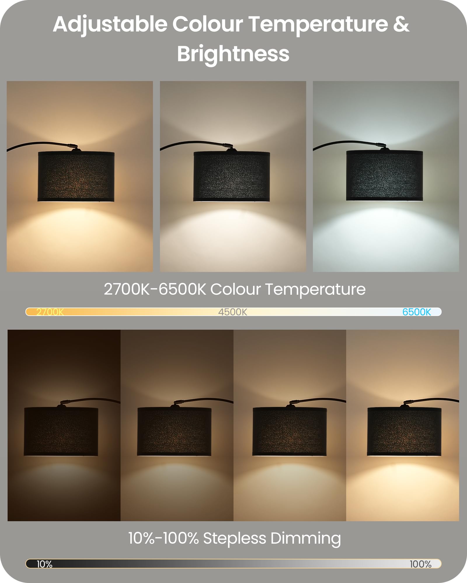 Stehlampe Wohnzimmer, 158-188 cm höhenverstellbare Bogenlampe, Dimmbare Stehleuchte mit Fernbedienung, mit LED Birne, Schwarze Standlampe für Schlafzimmer, ZB15LDD05