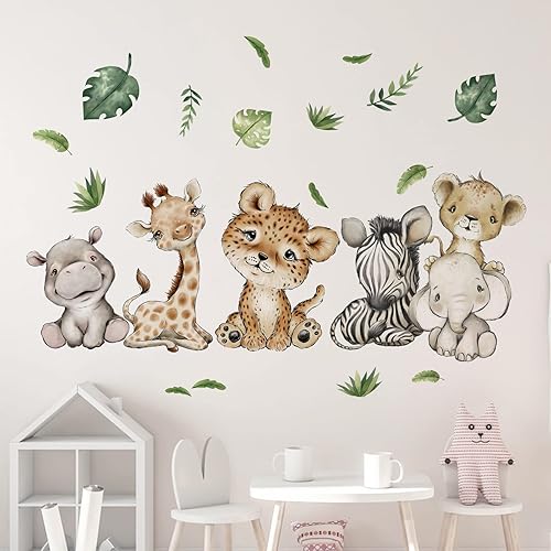 Miniatura 4 de Yovkky Calcomanías de pared de acuarela para bebé, safari, animales, tren, elefante, selva, cebra, jirafa, hipopótamo, león, leopardo, neutro,