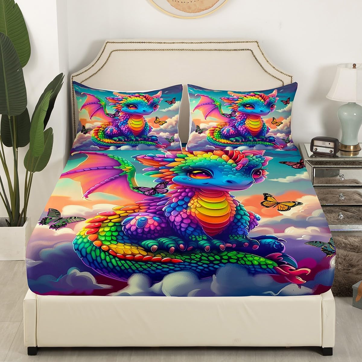 Castle Fairy Colorful Dragon Sheet Queen Size Fancy Western Animal Bedding Set Wild Butterfly Kids Teens Audlts Sunny Sky Clouds Fashion Bed Sheet Set 4pcs(Fitted + Flat + 2 Pillowcases)