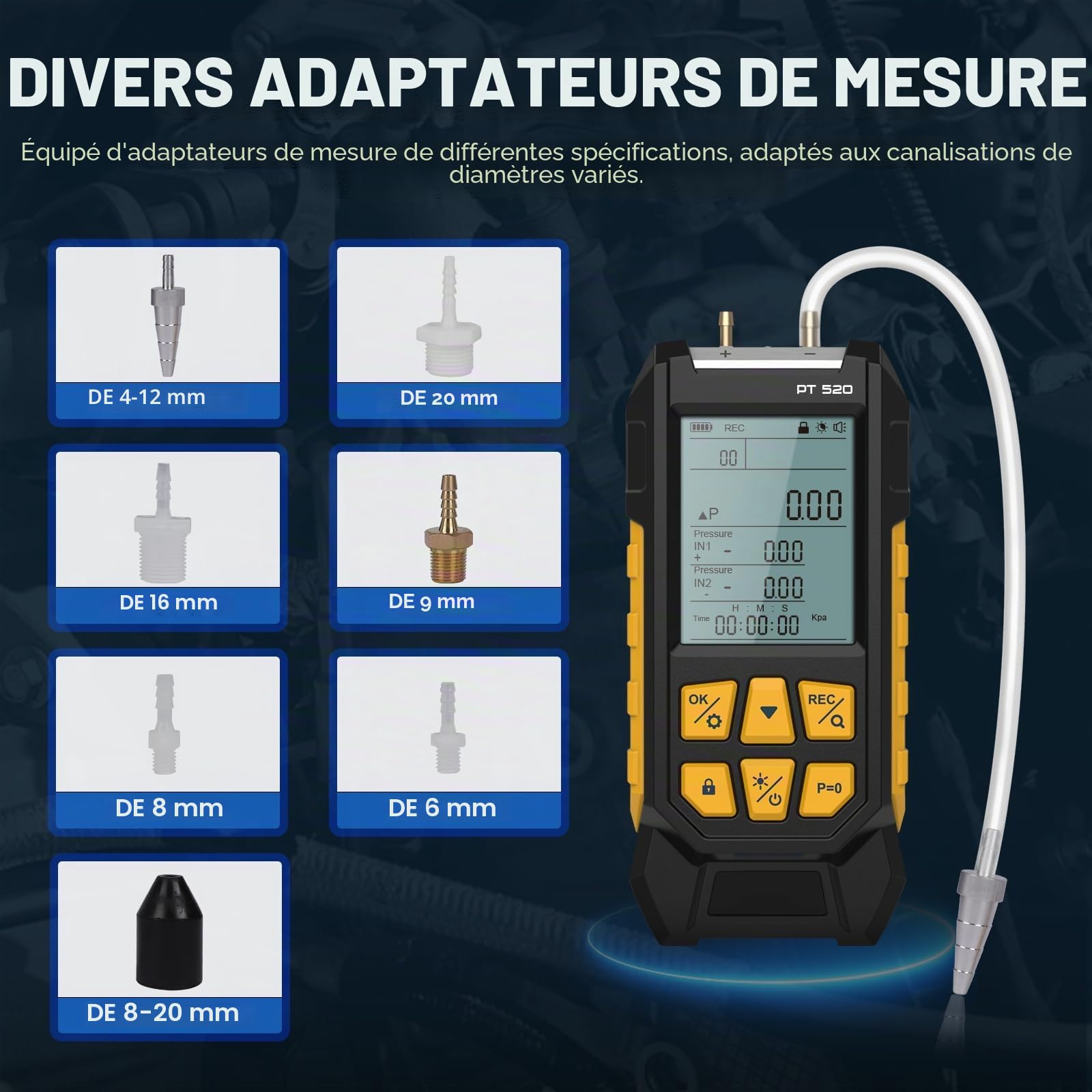 PT520 Manomètre numérique de pression d'air -100-200 KPa Résolution 0.1 pression d'air 10 unités différentielles Manomètre numérique de pression de gaz HVAC à double port avec écran LCD rétroéclairé