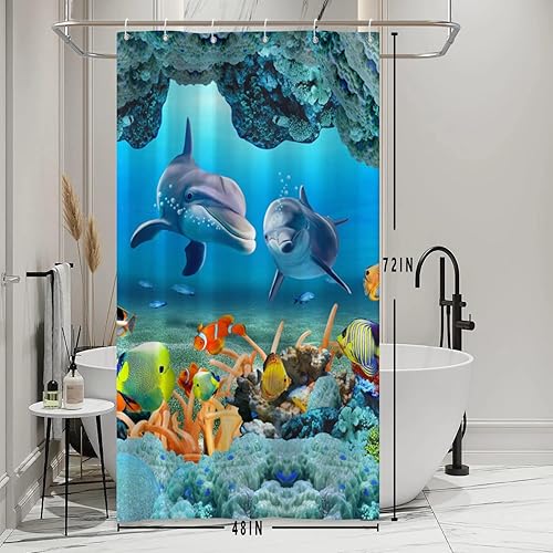 Miniatura 3 de Yeele Cortina de ducha azul para baño, diseño de animales marinos, impermeable, de poliéster, con ganchos, 48 x 72 pulgadas