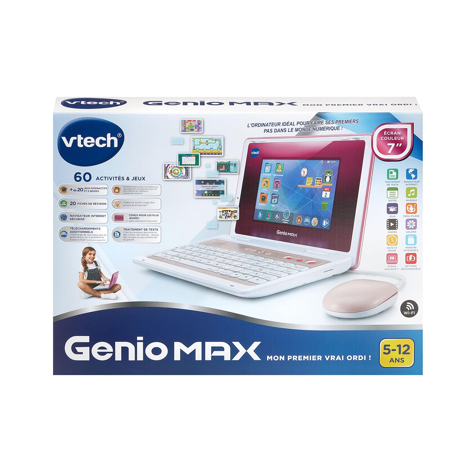 VTech - Genio Max, Mon Premier Vrai Ordi Rose Métal, Ordinateur Enfant avec Écran Couleur 7 Pouces, Souris, 60 Activités et Jeux Éducatifs, Cadeau Enfant de 5 Ans à 12 Ans - Contenu en Français
