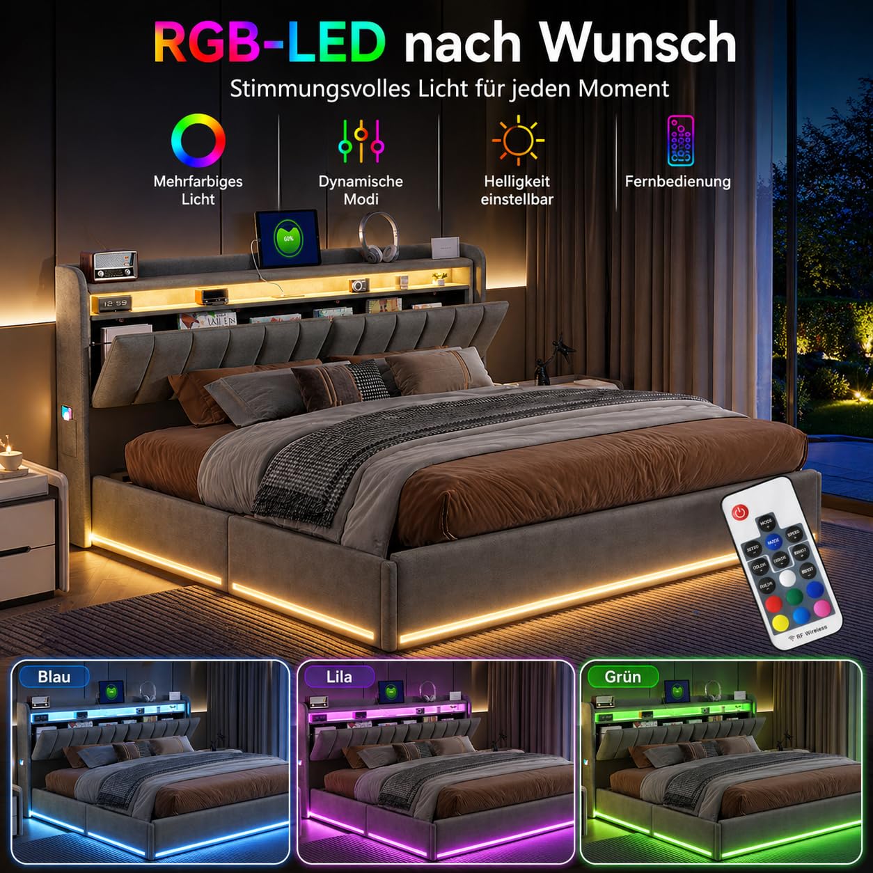 Letto imbottito 140x200 cm, letto con spazio di archiviazione idraulico con LED e stazione di ricarica USB, struttura del letto con rete a doghe e spazio di archiviazione nella testata, letto