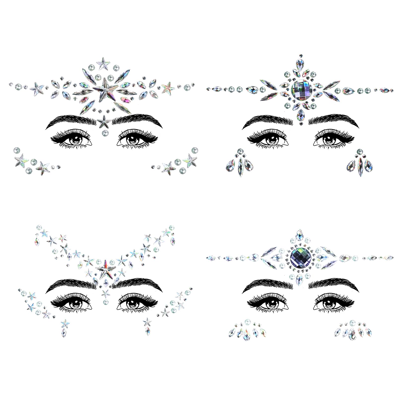 Clundoo 4PCS Cristales cara Pegatinas, Cara de Gemas, Diamantes de Imitación Cara, Joyas Faciales para Maquillaje de Carnaval, Fiesta, Maquillaje, Boda (B)