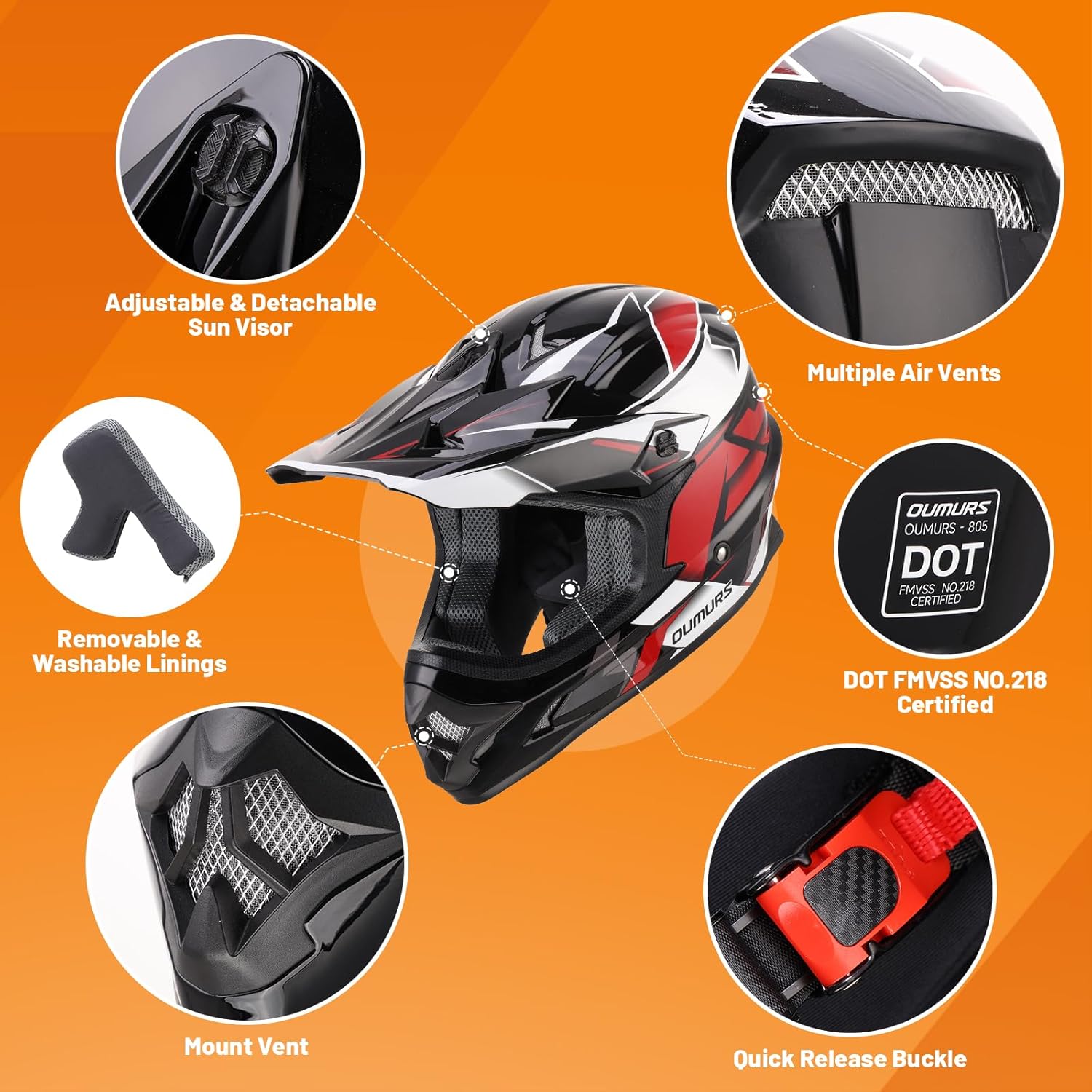 oumurs dot adult atv dirt bike helmet with goggles gloves & mask adjustable sun visor motorcycle adults helmet off-road motocross downhill moped mx for unisex-adult-victory red, l victory red large
